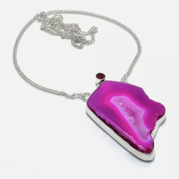 New Pink Agate Druzy & Garnet 925 Silver Necklace. - Picture 1 of 14
